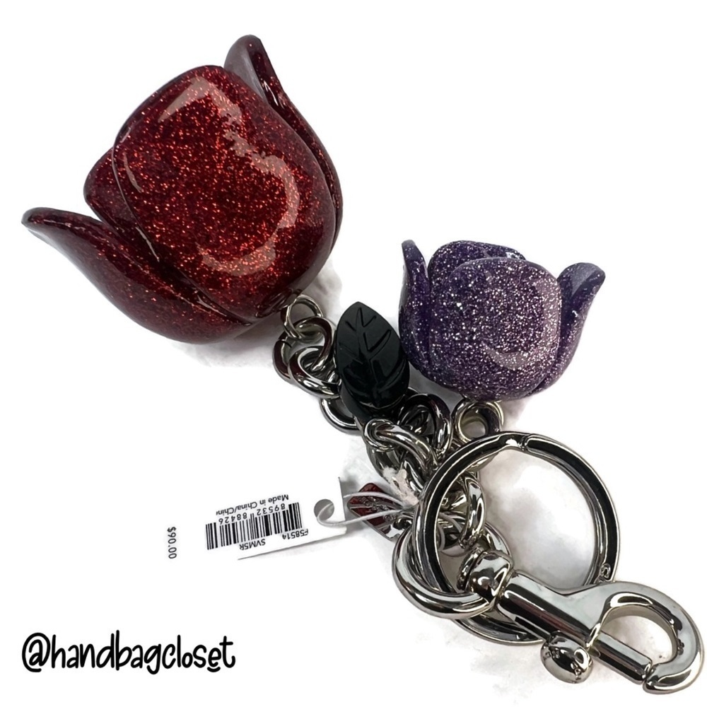 COACH GLITTER RESIN TEA ROSE BAG CHARM F58514 SILVER RED PURPLE TULIP KEYCHAIN - Picture 6 of 11